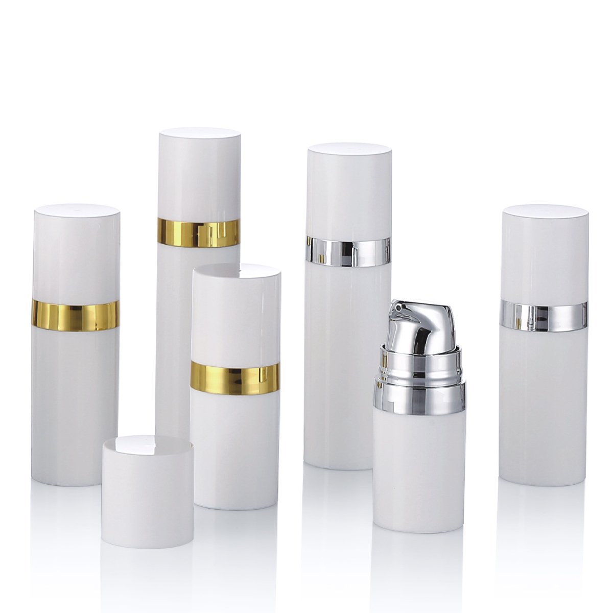 15ml 30ml 50ml Botol Pam Tanpa Udara Putih Dengan Gold Line Cap PP Botol Kosmetik Tanpa Udara Untuk Losyen Krim L15